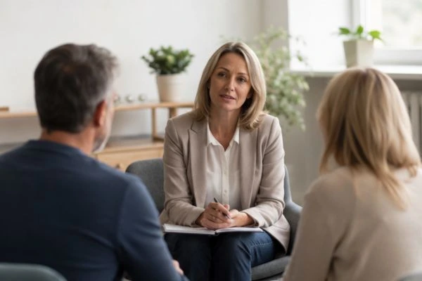 Couple discussing financial arrangement , pensions in divorce Manchester